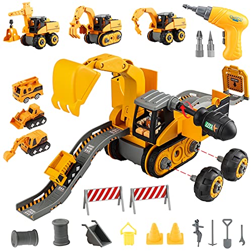 Yojoloin Take Apart Juguetes de construcción con Taladro eléctrico vehículos construcción 4 en 1 con 4 Mini Camiones y tobogán Tractor excavador Bricolaje Juguetes educativos Regalo para niños niñas