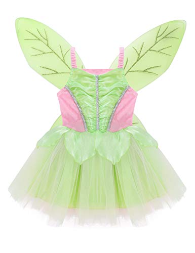 YOOJIA Niñas Vestido de Hada Verde 2Pcs Vestido de Tutú+ Alas de Hada Disfraz de Mariposa Fiesta Hallowen Carnaval (2-10 Años) Verde 4-6 Años