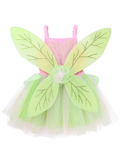 YOOJIA Niñas Vestido de Hada Verde 2Pcs Vestido de Tutú+ Alas de Hada Disfraz de Mariposa Fiesta Hallowen Carnaval (2-10 Años) Verde 4-6 Años