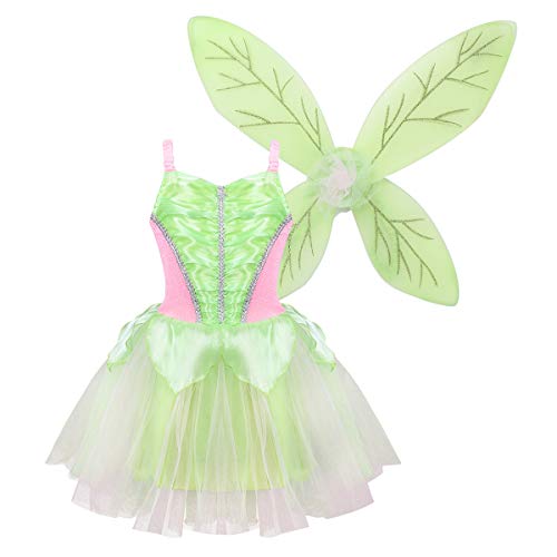 YOOJIA Niñas Vestido de Hada Verde 2Pcs Vestido de Tutú+ Alas de Hada Disfraz de Mariposa Fiesta Hallowen Carnaval (2-10 Años) Verde 4-6 Años