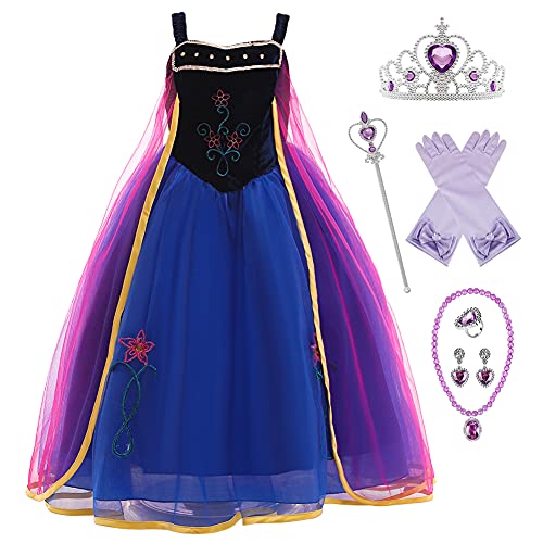 YOSICIL Disfraz De Ana Frozen Niña Vestido Traje Princesa Ana Manga Corta Fancy Dress Costume para Cosplay Carnaval Halloween Fiesta Navidad Cumpleaños con Tul Capa