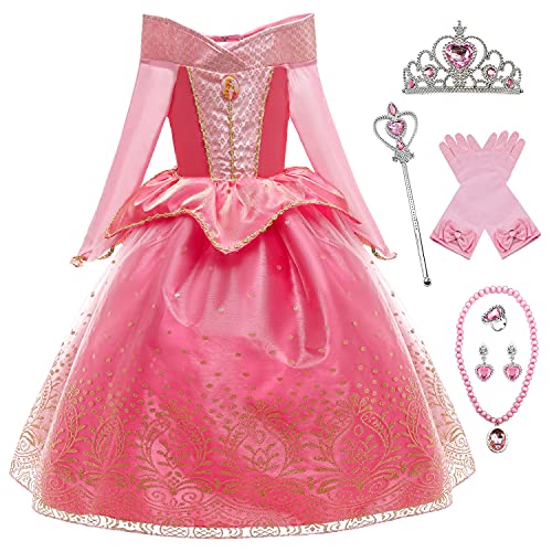 YOSICIL Disfraz Princesa Aurora para Niña Disfraz Bella Durmiente Manga Larga con 6Pcs Accesorio Dulce Princesa Cosplay Vestido para Cumpleaños Halloween Fiesta