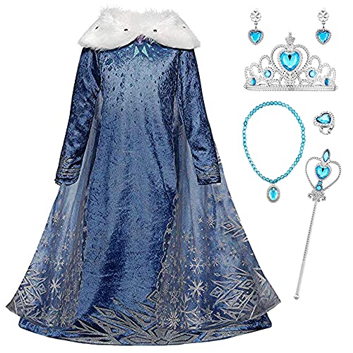 YOSICIL Niñas Cosplay Vestido de Princesa Elsa con Capa Vestido de Frozen Manga Larga Vestido Largo Disfraz Azul Dulce Disfraz Ceremonia de Fiesta Halloween Navidad 3-9 años 100-150cm