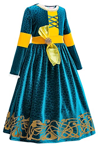 YOSICIL Vestido Princesa Disfraz Merida Brave Niña Merida Cosplay Costume Traje Manga Larga Fiesta Halloween Carnaval Navidad 3-9 años, Patrón de Bosque