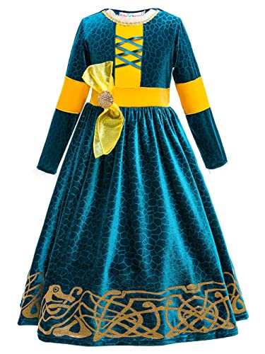 YOSICIL Vestido Princesa Disfraz Merida Brave Niña Merida Cosplay Costume Traje Manga Larga Fiesta Halloween Carnaval Navidad 3-9 años, Patrón de Bosque