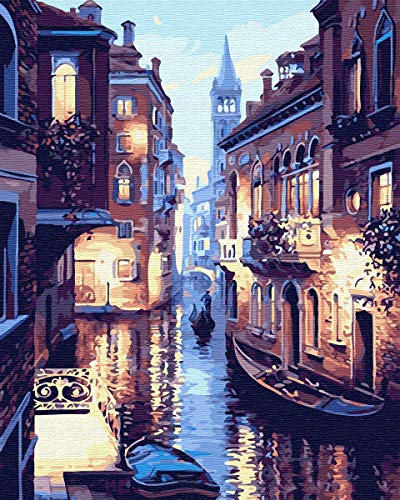 YXQSED [Rahmenlos] DIY Pintura por Números, Pint por Número de Kits for Adultos Mayores Avanzada Niños Joven-Noche de Venecia 16X20 Inch