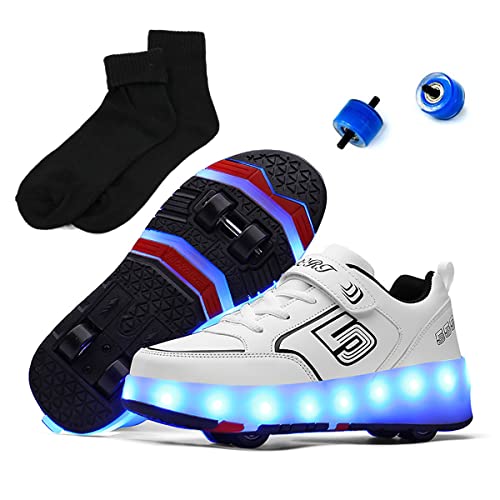 Zapatillas con Ruedas y Luces Niña Patìn con USB Carga Niños LED Luces Zapatos 7 Colores Luminosas Flash Patines en Línea de Roller Rueda Deportivo Skateboarding Ska(Size:EU 39,Color:185 white black)