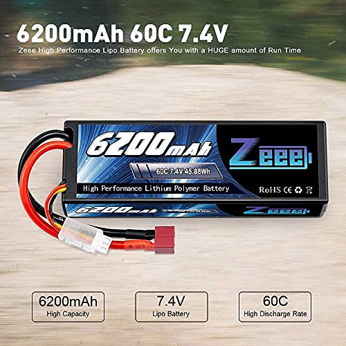 Zeee 2S LiPo batería 7.4V 60C 6200mAh batería de Estuche rígido con Conector Deans T para Coches RC, Aviones RC, helicópteros RC, Hobby RC