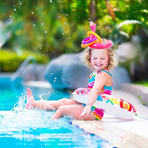 ZERHOK Sombrero Inflable de Flamenco Juego de Lanzamiento para Niño Cabeza de Flamenco Inflable con 6 Anillos Hawaii Luau Decoración de Fiesta de Verano Juguete Acuática para Piscina Reunión Familiar