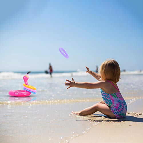 ZERHOK Sombrero Inflable de Flamenco Juego de Lanzamiento para Niño Cabeza de Flamenco Inflable con 6 Anillos Hawaii Luau Decoración de Fiesta de Verano Juguete Acuática para Piscina Reunión Familiar