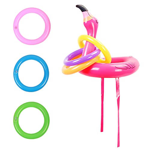 ZERHOK Sombrero Inflable de Flamenco Juego de Lanzamiento para Niño Cabeza de Flamenco Inflable con 6 Anillos Hawaii Luau Decoración de Fiesta de Verano Juguete Acuática para Piscina Reunión Familiar