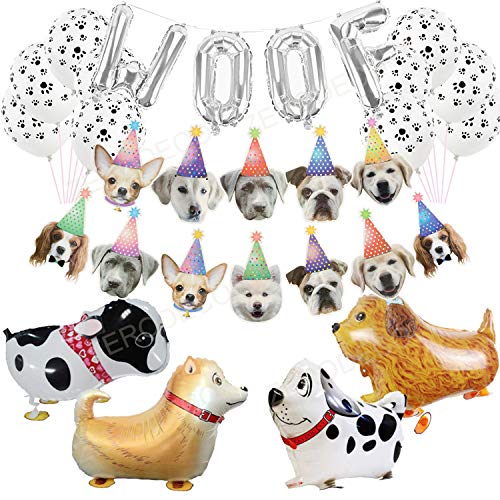 ZERODECO Decoración de fiesta para perros, Globos de animales para caminar WOOF Foil Balloon Banner Faces de perros Garland Paw Balloons para mascotas Perrito Cachorro Tema de Suministros para fiestas