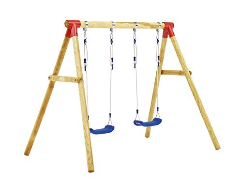 Zerone Estructura de Columpio Infantil, Columpio Doble de Madera de Pino, con Cuerdas Ajustables, 230 x 130 x 166 cm, marrón y Azul