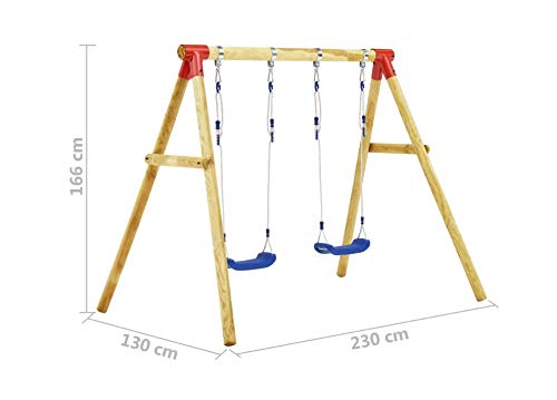 Zerone Estructura de Columpio Infantil, Columpio Doble de Madera de Pino, con Cuerdas Ajustables, 230 x 130 x 166 cm, marrón y Azul