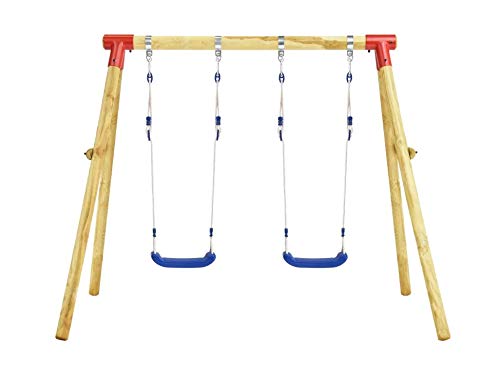 Zerone Estructura de Columpio Infantil, Columpio Doble de Madera de Pino, con Cuerdas Ajustables, 230 x 130 x 166 cm, marrón y Azul