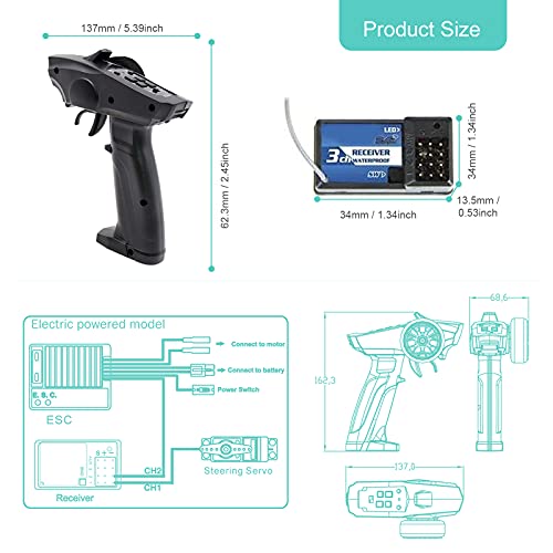 ZHITING Turbo Racing 91803G-VT 2.4GHz 3CH RadioTransmisor 3 Canales Control Remoto con Receptor para RC Car Boat