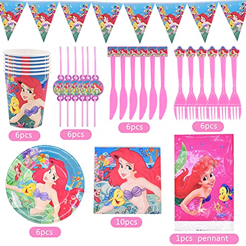 Babioms 42pcs Vajilla Sirena Fiesta,Conjunto de Suministros de Fiesta,Sirena Fiesta Temática, para fiestas de cumpleaños infantiles, manteles, servilletas, platos, tazas ,6 invitados