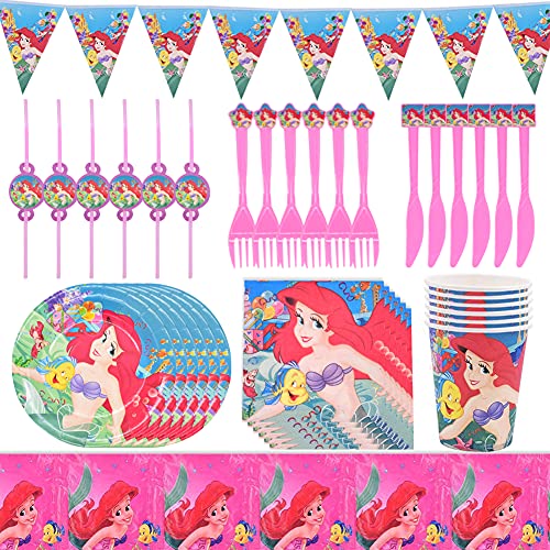 Babioms 42pcs Vajilla Sirena Fiesta,Conjunto de Suministros de Fiesta,Sirena Fiesta Temática, para fiestas de cumpleaños infantiles, manteles, servilletas, platos, tazas ,6 invitados