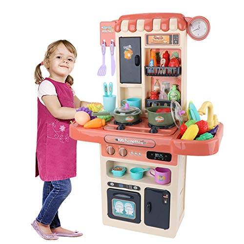 Barakara Juguetes de Cocina para niños, 33Piezas Juguetes de Chef con Efectos de luz y Sonido, Cocina de Juguete de Microondas Niños y Estufa Frutas y Verduras, Regalo Educativo para Niños-Naranja