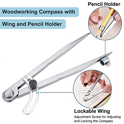 Compas de Puntas, Grande Compás Escolar Divisor de ala de Marcado Brújula Profesional con ala y Portalápices, Compas Carpintero Scratch Compass Medidor de Distancia Cuero Herramienta De Dibujo (20 cm)