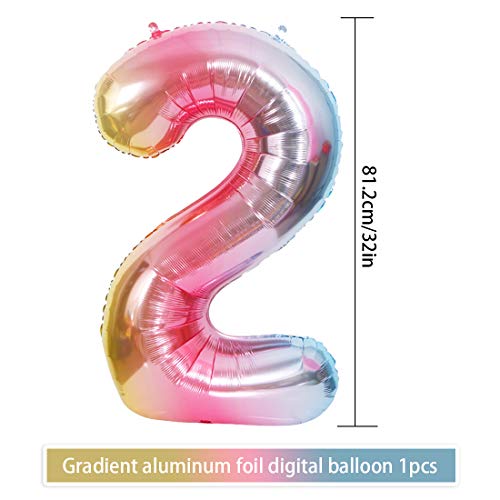 Foil Globo Número 2 Rosa, 2er Cumpleaños Globos, Feliz Cumpleaños Decoración Globos 2 Años Niñas, Arco Iris Globos de Número 2, Globos Numeros para Cumpleaños, Fiesta, Decoración