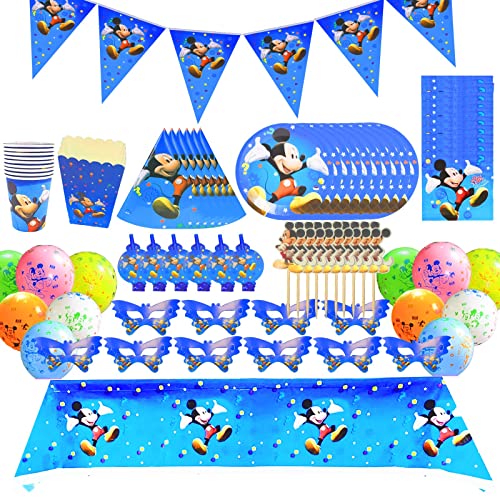 Funmo Cumpleaños Mickey Mouse, De CumpleañOs De Mickey Juego De CumpleañOs Para NiñOs, El Juego de 90 Piezas Incluye 7 Pulgadas, Tazas, Banderas, Cometas, Manteles, MáScaras