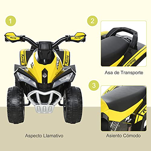 HOMCOM Quad Correpasillo Cuatrimoto para Niños Mayores de 18 Meses con Función de Luces y Música Diseño Novedoso Soporta hasta 20 kg 67,5x38x44 cm Amarillo