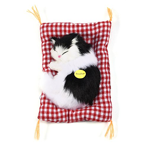 Juguete del Gato de la Simulación Que Duerme con la Cama de la Estera Suave Vocalize el Gatito del Maullido de la Muñeca Rellenos Juguetes de la Muñeca Decoración del Hogar(Black + White)