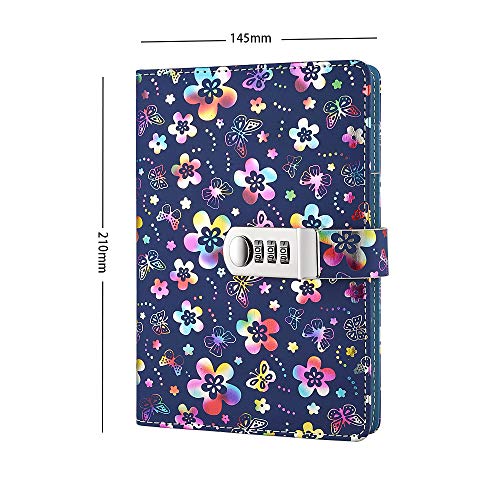 Lirener Recargable Cuaderno de Cuero PU Notebook Personal planificador Diario Organizador(Patrón de Flora), A5 Contraseña Bloc de Notas con Cerradura de combinación, Soporte para bolígrafo, 210x145mm