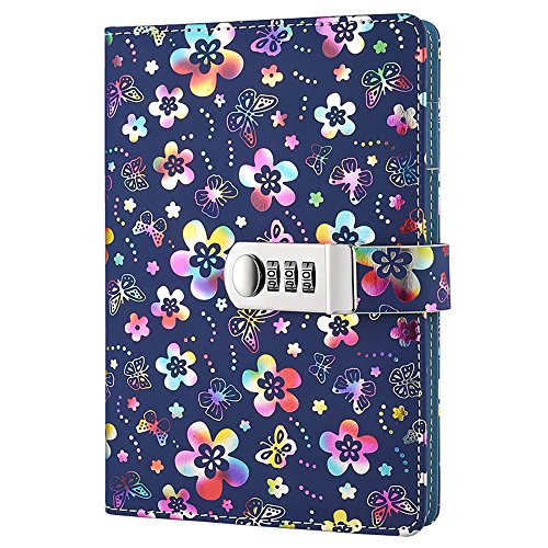 Lirener Recargable Cuaderno de Cuero PU Notebook Personal planificador Diario Organizador(Patrón de Flora), A5 Contraseña Bloc de Notas con Cerradura de combinación, Soporte para bolígrafo, 210x145mm