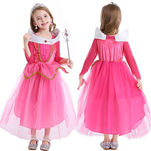 LiUiMiY Disfraces Niña Princesa Vestido de Manga Larga Carnaval Tul Tiara Cosplay Wedding Party Vestido de Carnaval de Cumpleaños para Niñas, Rosa, 128-134 (etiqueta 130)