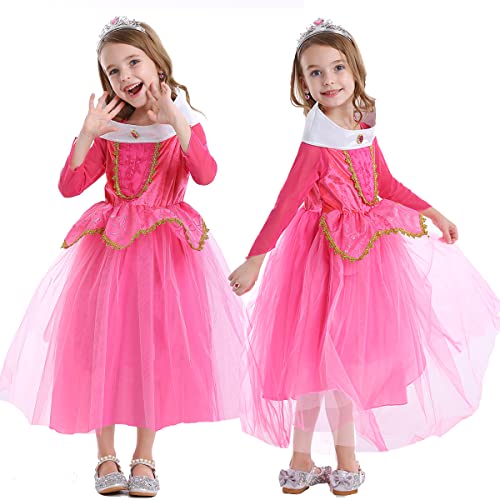 LiUiMiY Disfraces Niña Princesa Vestido de Manga Larga Carnaval Tul Tiara Cosplay Wedding Party Vestido de Carnaval de Cumpleaños para Niñas, Rosa, 128-134 (etiqueta 130)