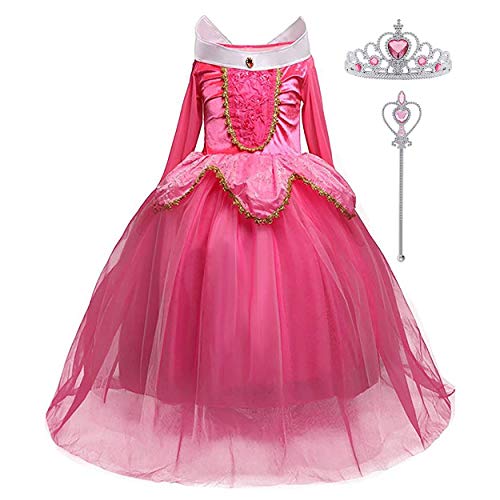 LiUiMiY Disfraces Niña Princesa Vestido de Manga Larga Carnaval Tul Tiara Cosplay Wedding Party Vestido de Carnaval de Cumpleaños para Niñas, Rosa, 128-134 (etiqueta 130)