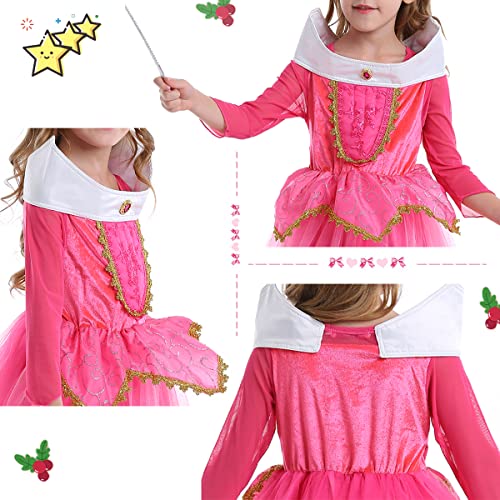 LiUiMiY Disfraces Niña Princesa Vestido de Manga Larga Carnaval Tul Tiara Cosplay Wedding Party Vestido de Carnaval de Cumpleaños para Niñas, Rosa, 128-134 (etiqueta 130)