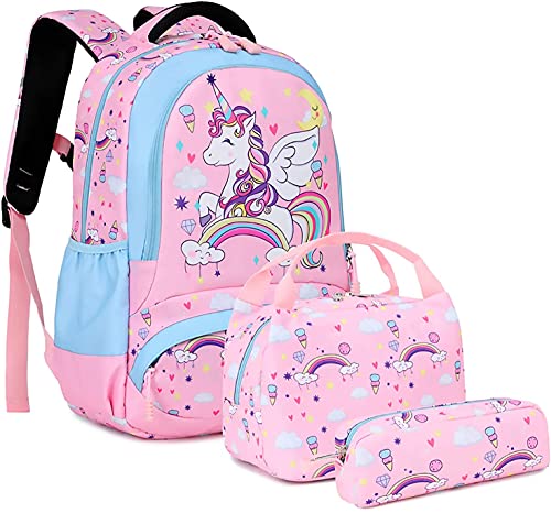 Mochila Unicornio Niños Impermeable Mochila Escolar para Adolescente Pequeñas Mochilas Infantil Bolso para Chicas para La Escuela,Viajes,Intemperie Juego de 3 - Pink