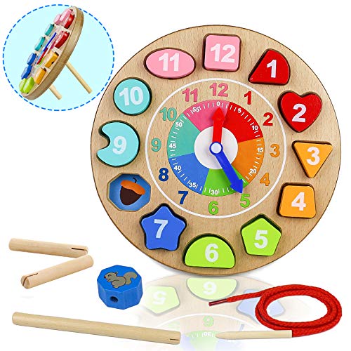 Relojes de Madera Juguetes Montessori Juguetes de Madera Niños 4 IN 1 Educativo Rompecabezas Tablero Juegos Puzzle 3D Educativos Niños 3 4 5 6 7 Años