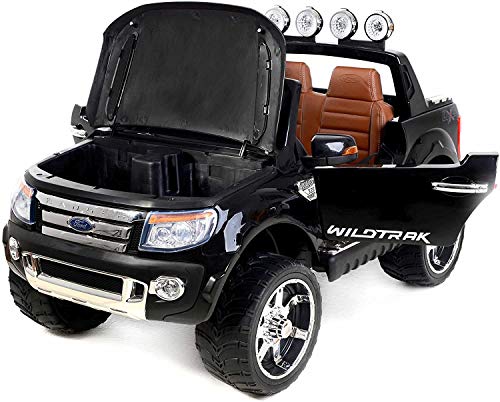 RIRICAR Ford Ranger Wildtrak de Lujo, Negro Lacado, Producto BAJO Licencia, con Mando a Distancia 2.4Ghz Bluetooth, Apertura de Puertas y capó, os Asientos en Cuero, Ruedas EVA Suave