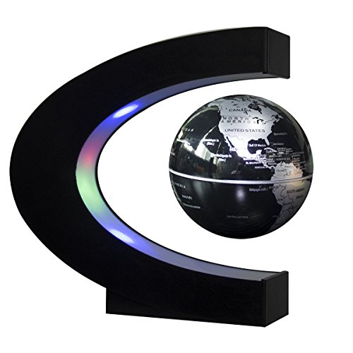 Senders Globo flotante con luces LED en forma de C magnético levitación globo flotante mapa del mundo para decoración de escritorio (Negro-Plata)