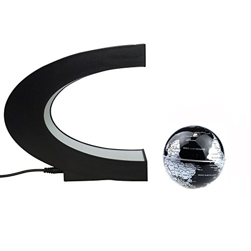 Senders Globo flotante con luces LED en forma de C magnético levitación globo flotante mapa del mundo para decoración de escritorio (Negro-Plata)