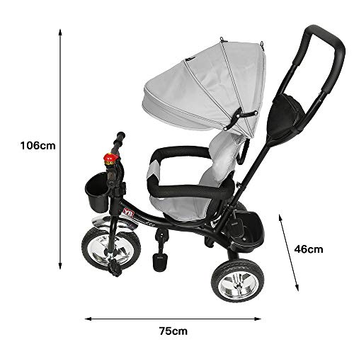 Triciclo para Bebé 4 en 1 Bicicleta para +18 Meses con Capota Manija de Empuje Ajustable Barra Extraíble Reposapiés Plegable Canasta de Almacenaje 75x46x106 cm (Gris)