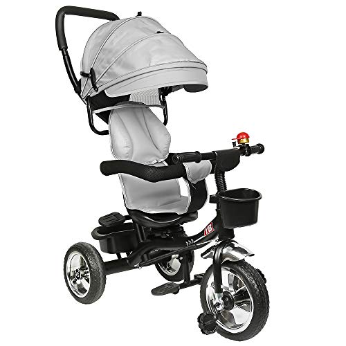 Triciclo para Bebé 4 en 1 Bicicleta para +18 Meses con Capota Manija de Empuje Ajustable Barra Extraíble Reposapiés Plegable Canasta de Almacenaje 75x46x106 cm (Gris)