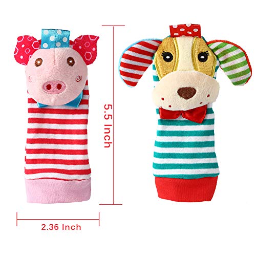 Twister.CK 8 Piezas para bebé sonajero, muñequeras para bebé y Juego de Calcetines para Buscar pies, Juguete de Animal de Peluche Suave con Mono, Elefante, Cachorro y alcancía