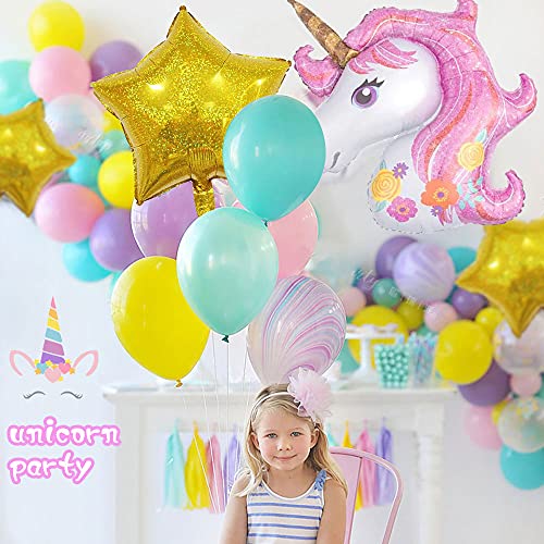 Unicornio Decoración Cumpleaños Niña, FIMOON Globos de Cumpleaños Unicornio con 3D Globos de Unicornio, Pancarta Feliz Cumpleaños, Globo Látex Confeti para Fiesta de Unicornio para Infantil Niñas