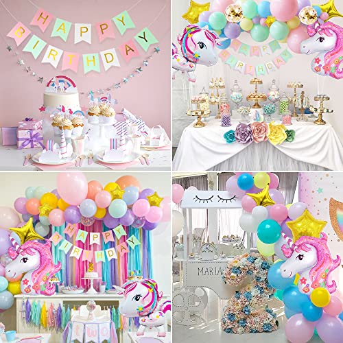 Unicornio Decoración Cumpleaños Niña, FIMOON Globos de Cumpleaños Unicornio con 3D Globos de Unicornio, Pancarta Feliz Cumpleaños, Globo Látex Confeti para Fiesta de Unicornio para Infantil Niñas