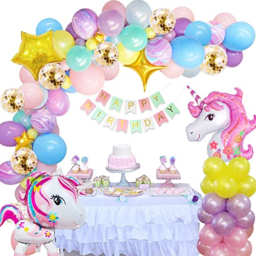 Unicornio Decoración Cumpleaños Niña, FIMOON Globos de Cumpleaños Unicornio con 3D Globos de Unicornio, Pancarta Feliz Cumpleaños, Globo Látex Confeti para Fiesta de Unicornio para Infantil Niñas