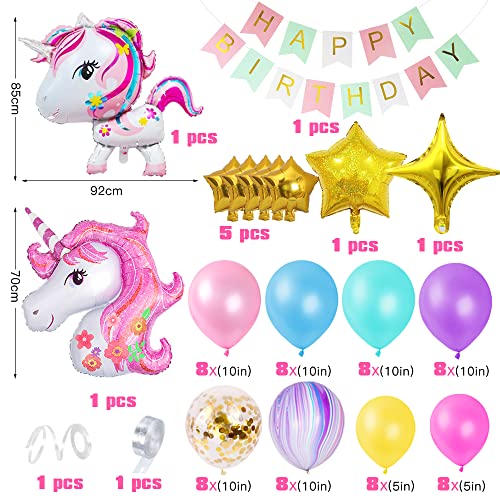 Unicornio Decoración Cumpleaños Niña, FIMOON Globos de Cumpleaños Unicornio con 3D Globos de Unicornio, Pancarta Feliz Cumpleaños, Globo Látex Confeti para Fiesta de Unicornio para Infantil Niñas