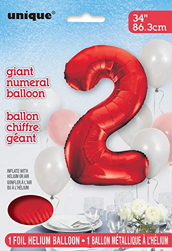 Unique Party- Globo gigante número 2, Color rojo, 86 cm (55852) , color/modelo surtido