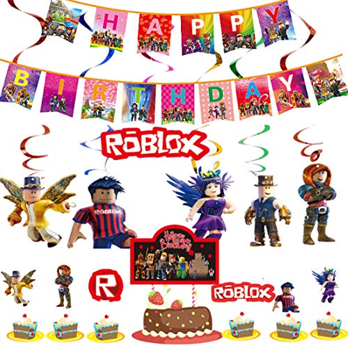 WENTS Juego temático Party Supplies Roblox Favor de Fiesta Roblox Colgando remolinos Decoraciones Feliz Bithday Banner Giratorios Glitter Foil Techo Streamers Gamer Cumpleaños Decoración