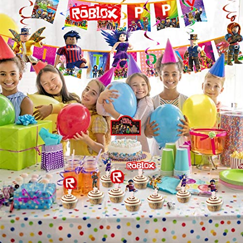 WENTS Juego temático Party Supplies Roblox Favor de Fiesta Roblox Colgando remolinos Decoraciones Feliz Bithday Banner Giratorios Glitter Foil Techo Streamers Gamer Cumpleaños Decoración