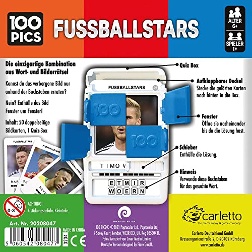 100 PICS 20208047 Juego de Preguntas con Estrellas de fútbol, Juego Educativo para Toda la Familia, Juego de Viaje para Adultos y niños a Partir de 6 años